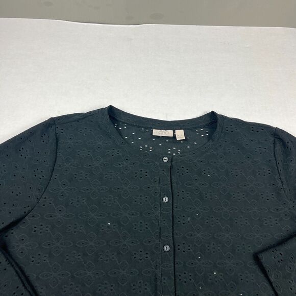 LOGO Lori Goldstein Eyelet Button Front Shirt Minimalist 3/4 Sleeve Black Top XL - Picture 3 of 10